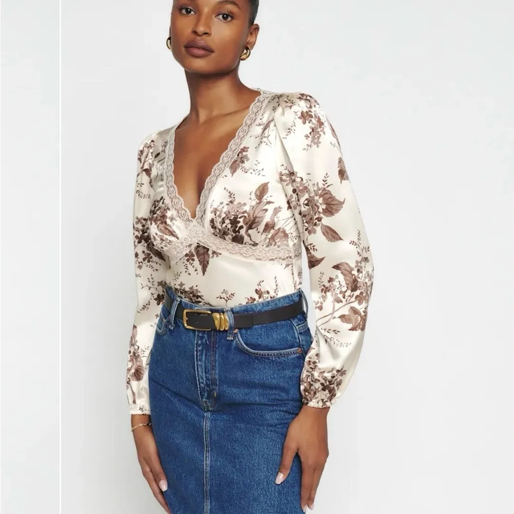 Reformation Cream Satin Floral Lace Trim Blouse